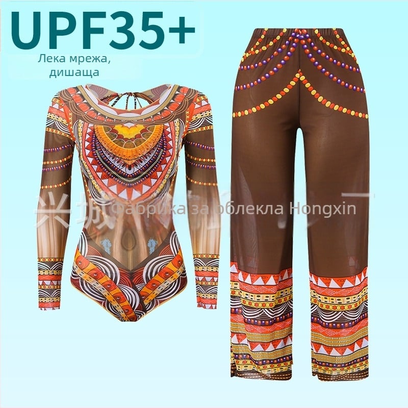 Дамски цял бански с дълги ръкави и мрежеста тъкан, флорален принт, бързосъхнещ полиестер 82%, подплънки в чашките