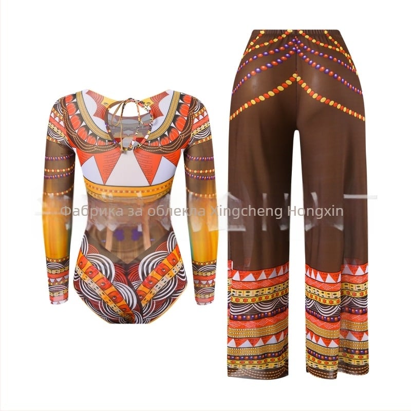 Дамски цял бански с дълги ръкави и мрежеста тъкан, флорален принт, бързосъхнещ полиестер 82%, подплънки в чашките