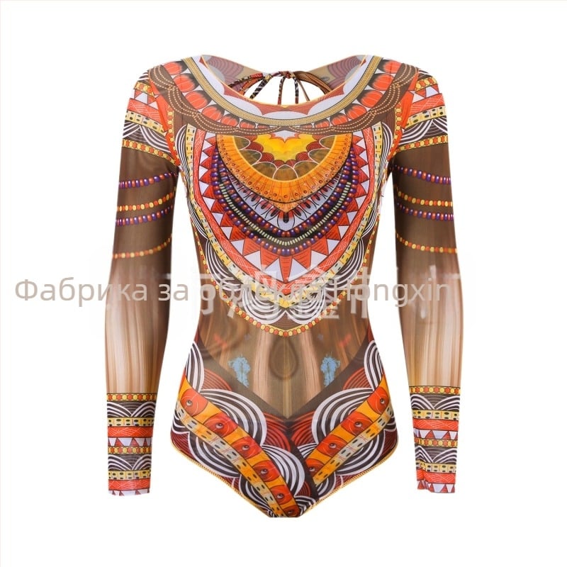 Дамски цял бански с дълги ръкави и мрежеста тъкан, флорален принт, бързосъхнещ полиестер 82%, подплънки в чашките