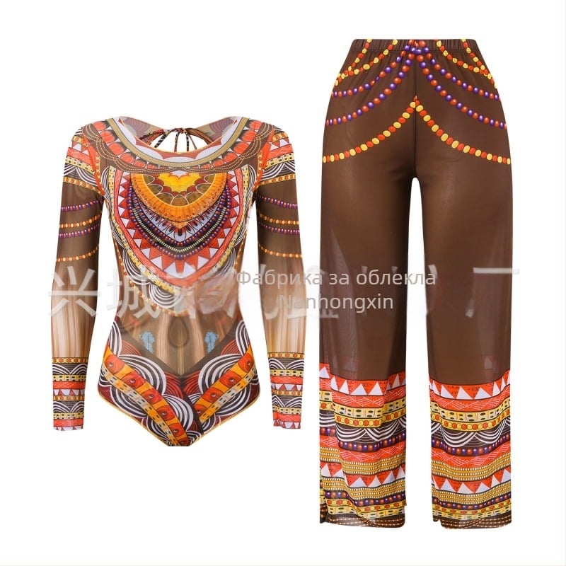 Дамски цял бански с дълги ръкави и мрежеста тъкан, флорален принт, бързосъхнещ полиестер 82%, подплънки в чашките