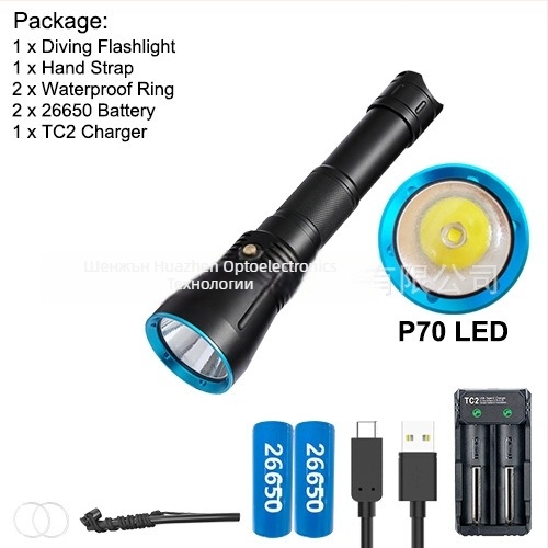 Подводен фенер SST70/XHP70 LED, двойно предназначение – за вода и суша, дисплей на мощността, корпус от алуминиева сплав
