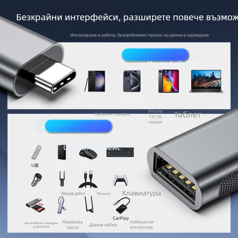 Type-C към USB 3.2 женски адаптер — 10Gbps, цинкова сплав корпус, съвместим USB 3.0/2.0, модел SBT-158, nobafu/sbtool