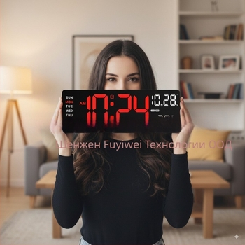 стенен часовник с LED дисплей, термометър, вечен календар, аларма и ден от седмицата; електронно движение, външно захранване, пластмасов корпус