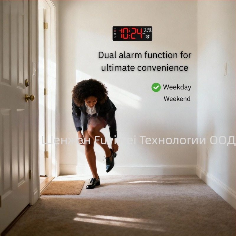 стенен часовник с LED дисплей, термометър, вечен календар, аларма и ден от седмицата; електронно движение, външно захранване, пластмасов корпус