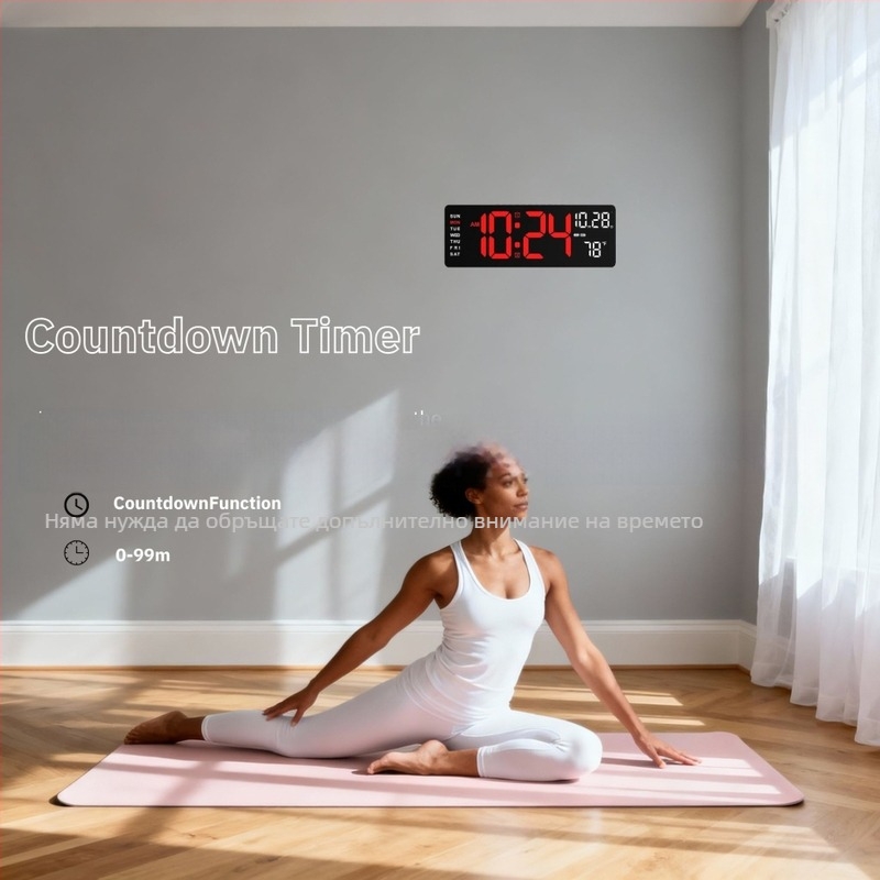 стенен часовник с LED дисплей, термометър, вечен календар, аларма и ден от седмицата; електронно движение, външно захранване, пластмасов корпус