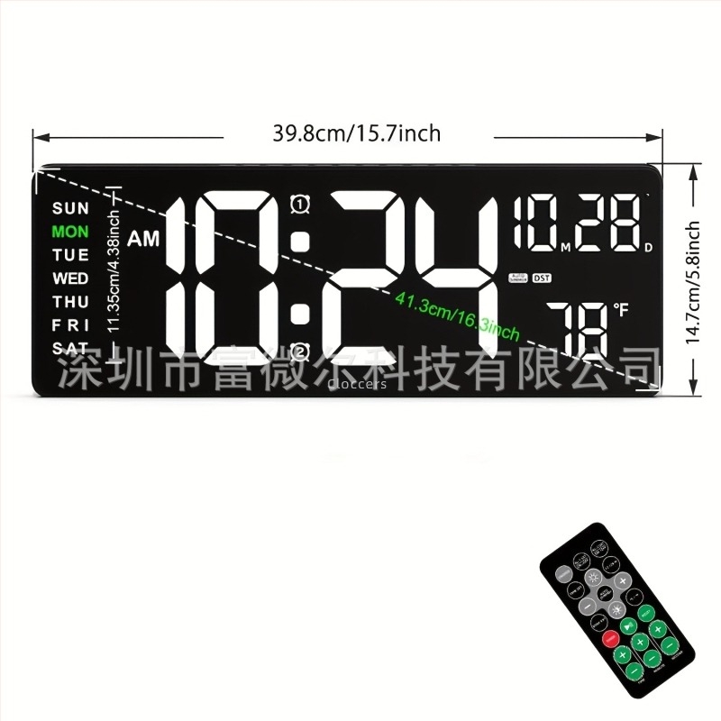 стенен часовник с LED дисплей, термометър, вечен календар, аларма и ден от седмицата; електронно движение, външно захранване, пластмасов корпус