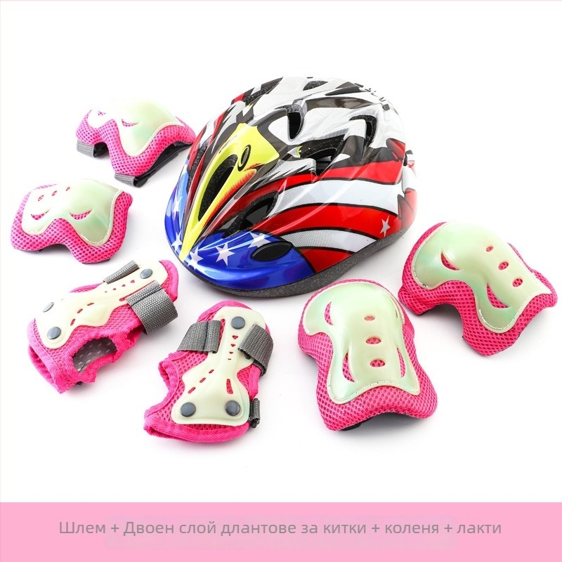 Детски комплект защитни протектори за ролери със светещи протектори за дланите, лактите и коленете — PP, пяна и слоеста мрежа