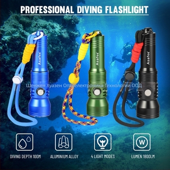Подводно фенерче за гмуркане — 2000 лумена, превключвател с дисплей за мощност, алуминиева сплав, Asafee