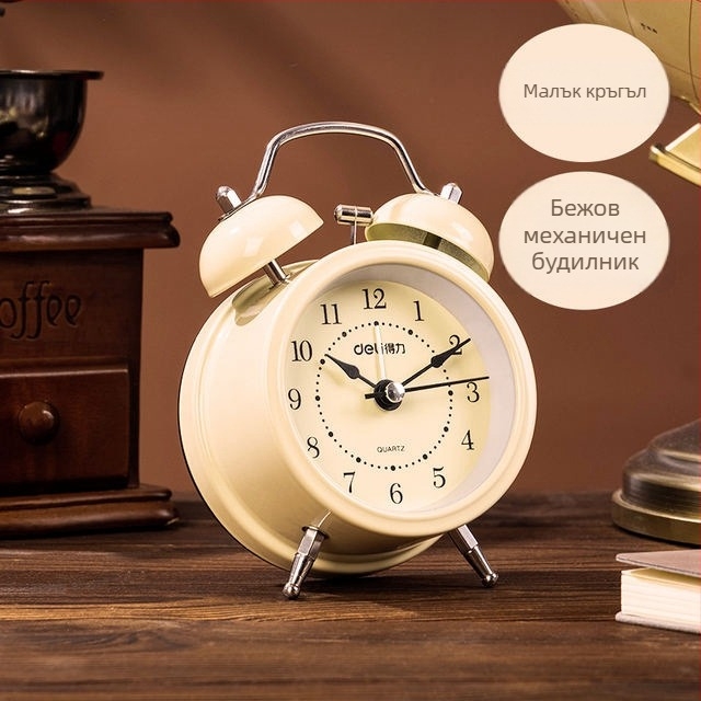 Будилник Deli 9024: светещи стрелки, тиха работа; аналогов дисплей с цифри, механично движение, батерийно захранване