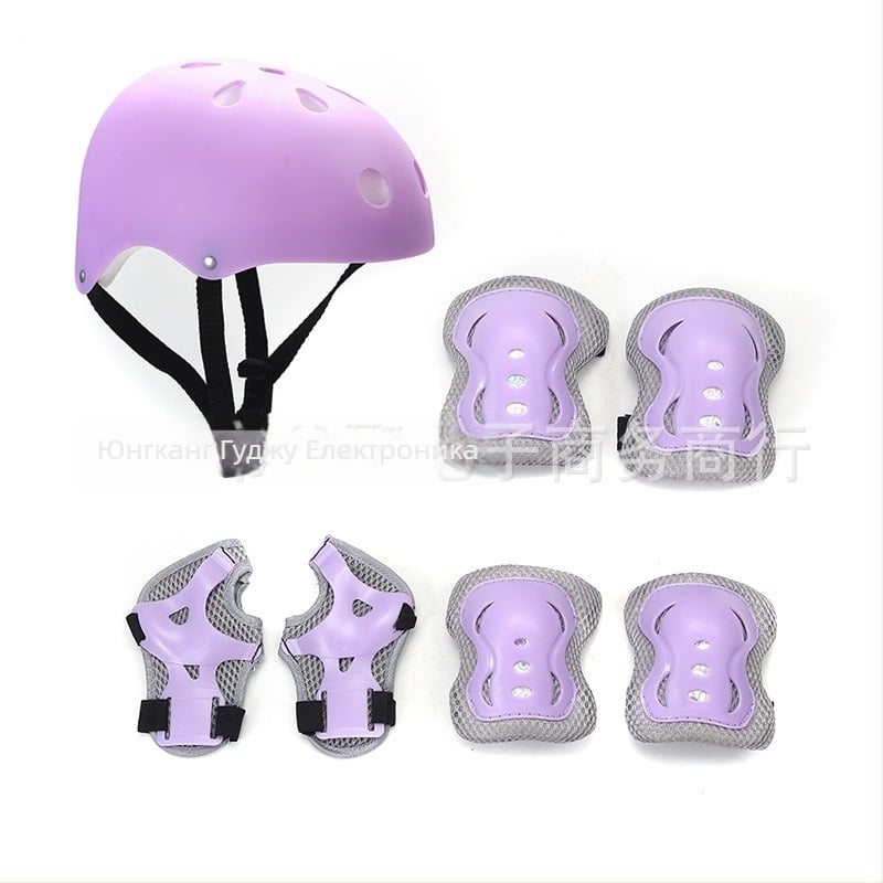 Детски комплект защитни протектори за ролери (7 части) – каска и протектори за длан, китка, глава, лакът и коляно; основен материал: полиестерно влакно
