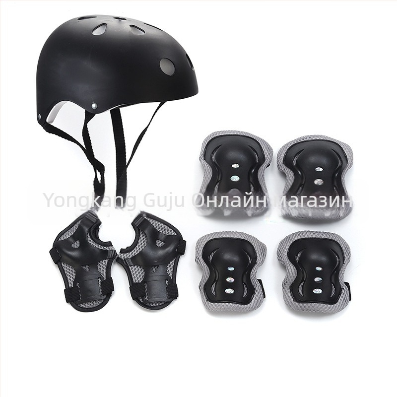 Детски комплект защитни протектори за ролери (7 части) – каска и протектори за длан, китка, глава, лакът и коляно; основен материал: полиестерно влакно