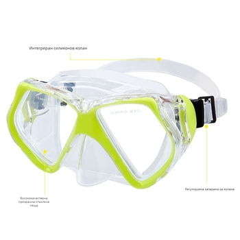 Маска за гмуркане за възрастни с поликарбонатна рамка, закалени лещи, носова защита, тегло 230 g