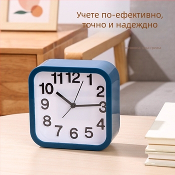 Будилник за ученици — тих в спалнята, настолен квадратен часовник с прост минималистичен дизайн, аналогов дисплей, батерийно захранване, движение с прескачане на секундата
