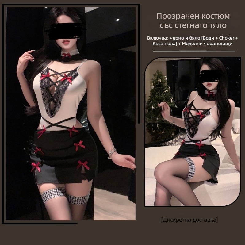 Комплект дамско бельо за секретар cosplay: кръстосани презрамки, дълбок V, прозрачен униформен костюм, полиестер 95–100%