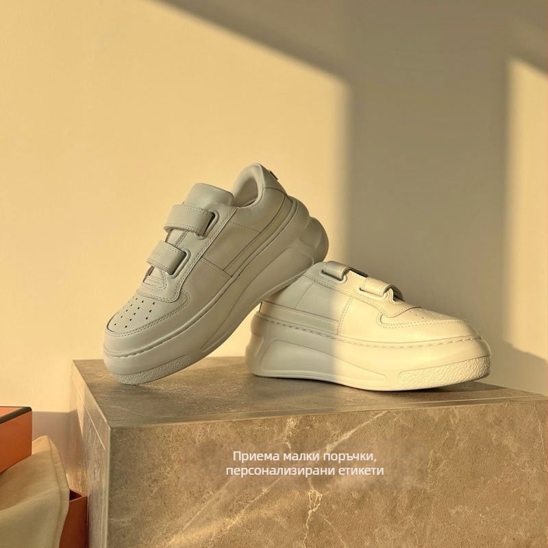 Дамски кецове с дебела подметка от телешка кожа, закопчаване с лепенка и връзки, гумена пяна в подметката, дишащи, кръгъл нос