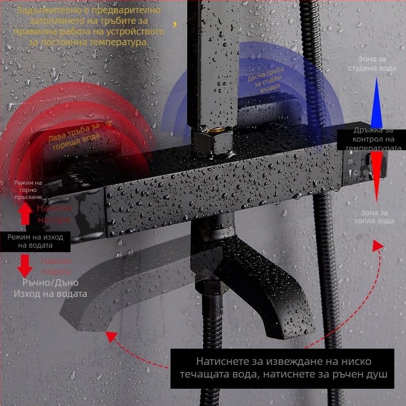 Душ комплект с контрол на температурата и дъждовен душ, меден материал, скрит монтаж, модел 0120