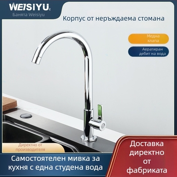 Кухненски кран с една дръжка, неръждаема стомана с медно ядро, вертикален монтаж, студена вода, модел WSY-900159