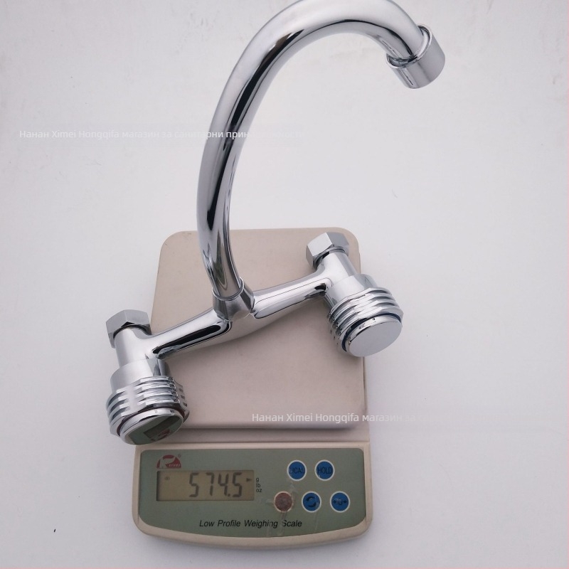 Стенно монтиран меден кухненски смесител за миене на съдове, със смесителна функция, четири портове връзки, номинално налягане 1.0 MPa, диапазон на работа 0–90°C