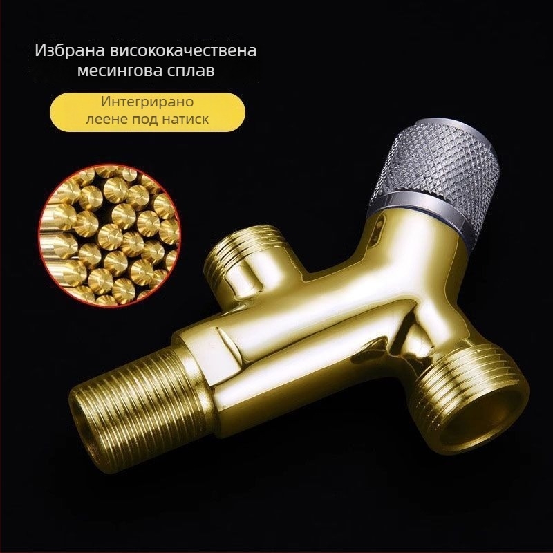 Меден интегриран ъглов клапан с двойно изходно устройство, 1 вход и 2 изхода; керамичен дисков вентил; монтаж чрез завъртане