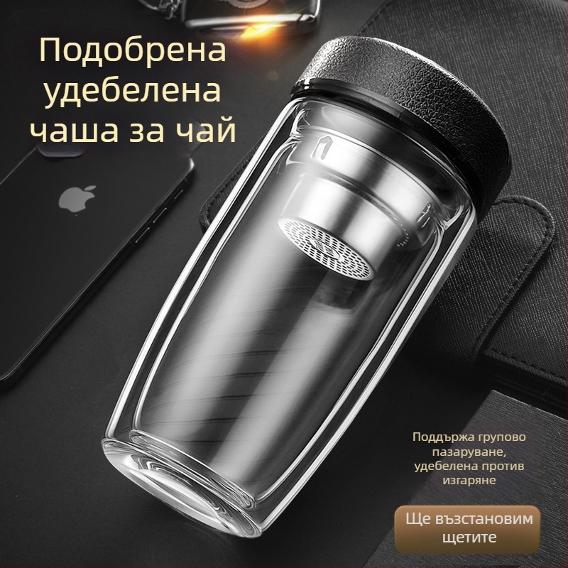 Двуслойна чаша за вода от боросиликатно стъкло с капак и цедка, интелигентен дисплей за температурата, печат на лого, корпоративен подарък