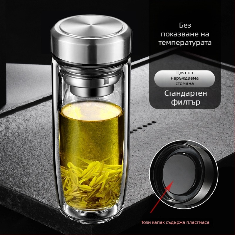 Двуслойна чаша за вода от боросиликатно стъкло с капак и цедка, интелигентен дисплей за температурата, печат на лого, корпоративен подарък