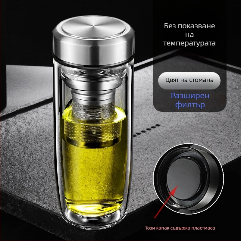 Двуслойна чаша за вода от боросиликатно стъкло с капак и цедка, интелигентен дисплей за температурата, печат на лого, корпоративен подарък