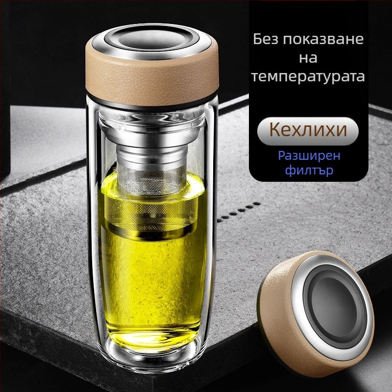 Двуслойна чаша за вода от боросиликатно стъкло с капак и цедка, интелигентен дисплей за температурата, печат на лого, корпоративен подарък