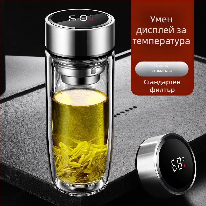 Двуслойна чаша за вода от боросиликатно стъкло с капак и цедка, интелигентен дисплей за температурата, печат на лого, корпоративен подарък