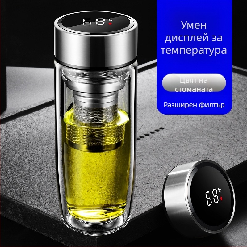 Двуслойна чаша за вода от боросиликатно стъкло с капак и цедка, интелигентен дисплей за температурата, печат на лого, корпоративен подарък