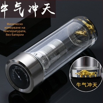 Чаша за чай с двойно стъкло и интелигентно измерване на температурата, многослойна конструкция, стил китайски с капак и без филтър