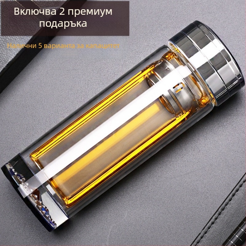 Чаша за чай с двойно стъкло и интелигентно измерване на температурата, многослойна конструкция, стил китайски с капак и без филтър