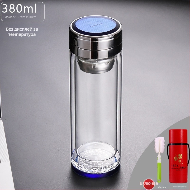 Чаша за чай с двойно стъкло и интелигентно измерване на температурата, многослойна конструкция, стил китайски с капак и без филтър