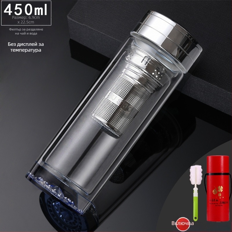 Чаша за чай с двойно стъкло и интелигентно измерване на температурата, многослойна конструкция, стил китайски с капак и без филтър