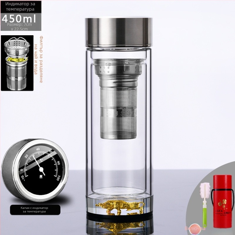 Чаша за чай с двойно стъкло и интелигентно измерване на температурата, многослойна конструкция, стил китайски с капак и без филтър