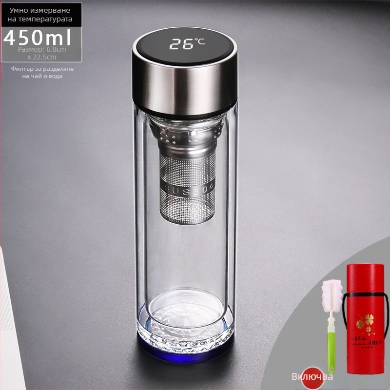 Чаша за чай с двойно стъкло и интелигентно измерване на температурата, многослойна конструкция, стил китайски с капак и без филтър