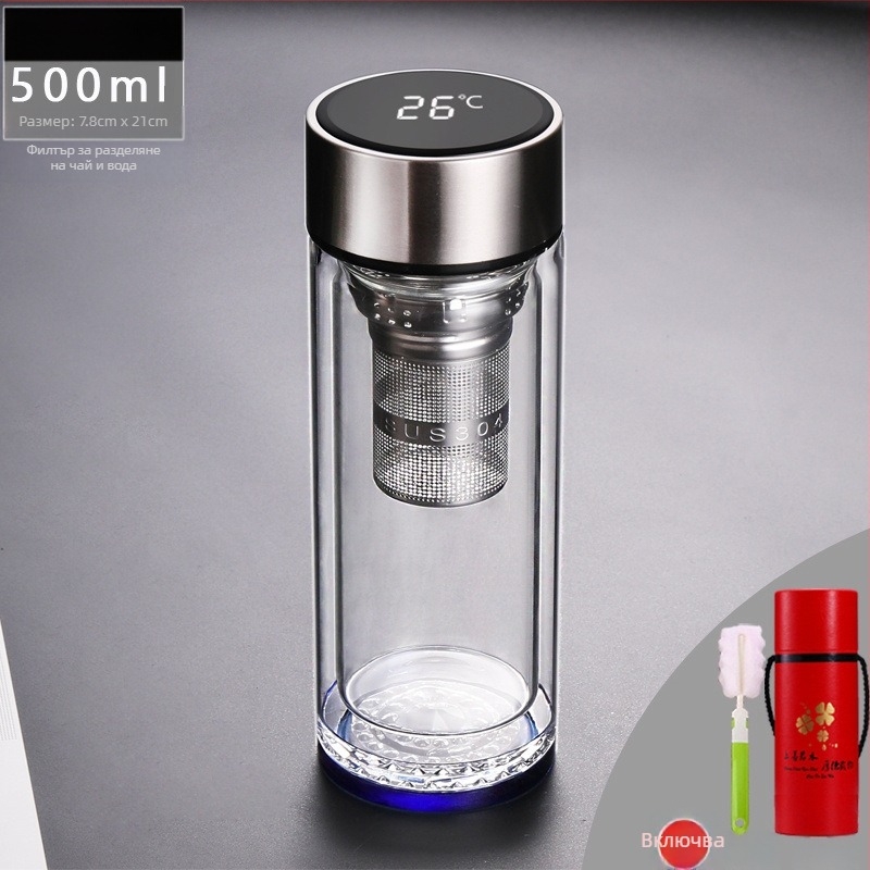 Чаша за чай с двойно стъкло и интелигентно измерване на температурата, многослойна конструкция, стил китайски с капак и без филтър