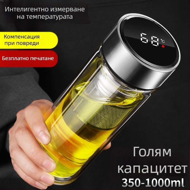 Чаша с двойна стена и интелигентно измерване на температурата, филтър за чай, боросиликатно стъкло, непроливаща и термоустойчива