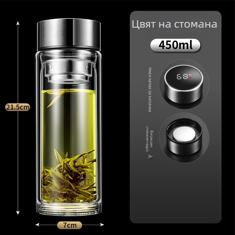 Чаша с двойна стена и интелигентно измерване на температурата, филтър за чай, боросиликатно стъкло, непроливаща и термоустойчива