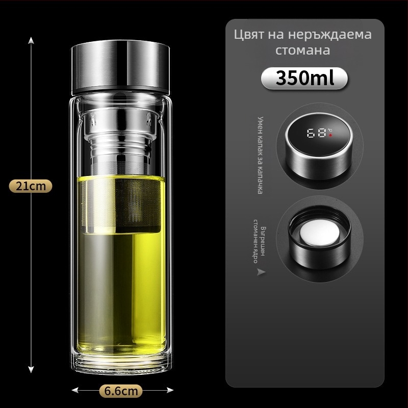 Чаша с двойна стена и интелигентно измерване на температурата, филтър за чай, боросиликатно стъкло, непроливаща и термоустойчива