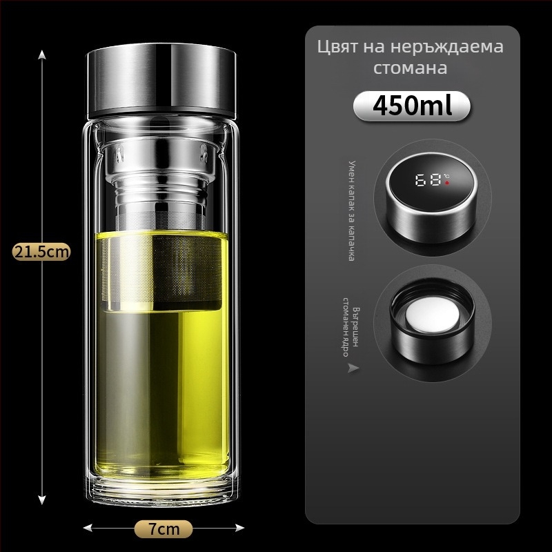 Чаша с двойна стена и интелигентно измерване на температурата, филтър за чай, боросиликатно стъкло, непроливаща и термоустойчива