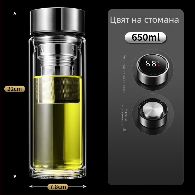 Чаша с двойна стена и интелигентно измерване на температурата, филтър за чай, боросиликатно стъкло, непроливаща и термоустойчива