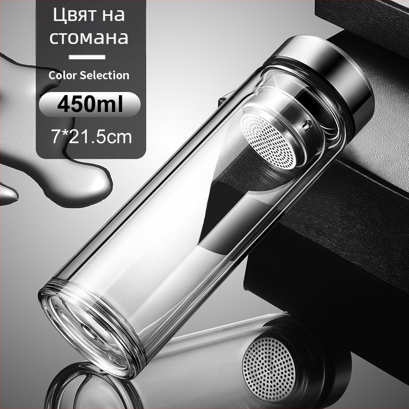 Чаша с двойна стена и интелигентно измерване на температурата, филтър за чай, боросиликатно стъкло, непроливаща и термоустойчива