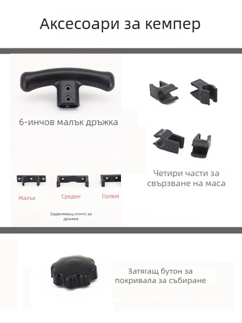 Кемпер аксесоари за палатки и навеси — платнен джоб, Egg Roll Table, закопчалка, дръжка за дърпане, Push Rod; Материал: инженерни пластмаси