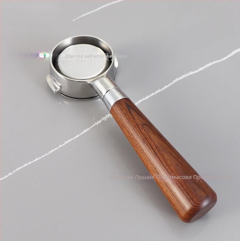 Бездонна дръжка за портфилтър за E61 група кафемашини, неръждаема стомана с дървена ръкохватка; съвместима с Delong, Platinum Rich и Aibao