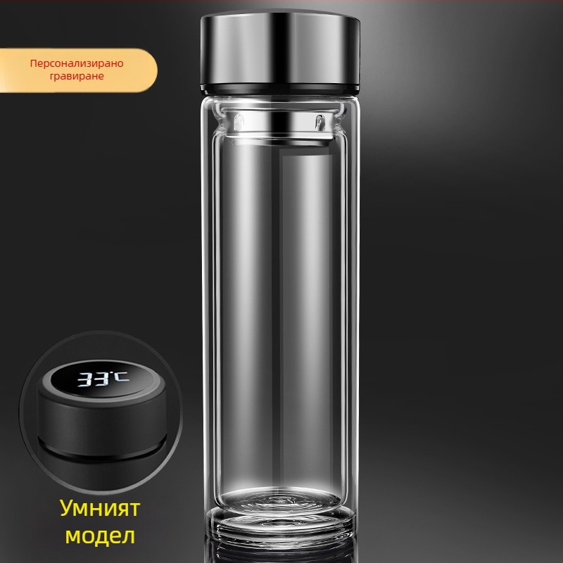 Чайна чаша с двуслойно стъкло, боросиликатно стъкло, топлоизолация и устойчивост на високи температури, включва филтър, модерен минималистичен дизайн