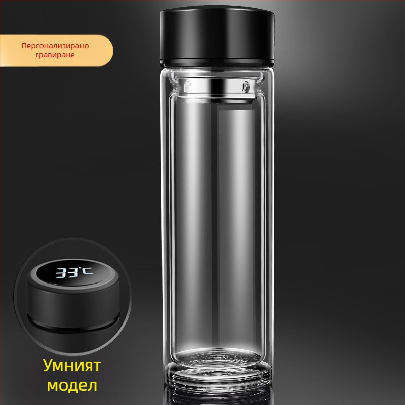 Чайна чаша с двуслойно стъкло, боросиликатно стъкло, топлоизолация и устойчивост на високи температури, включва филтър, модерен минималистичен дизайн