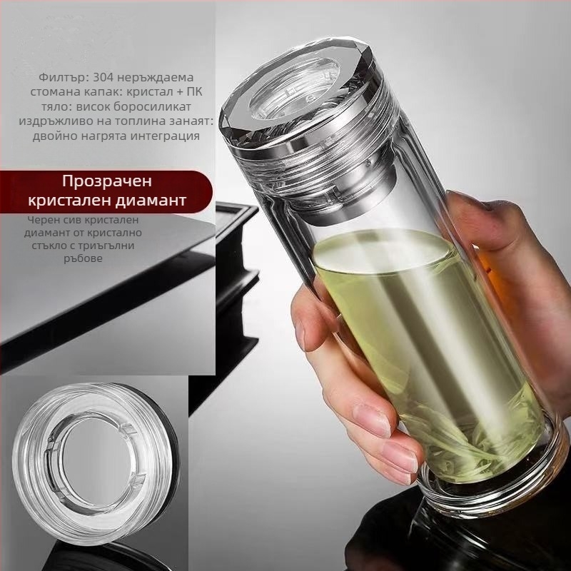 Чайна чаша с двуслойно стъкло, боросиликатно стъкло, топлоизолация и устойчивост на високи температури, включва филтър, модерен минималистичен дизайн