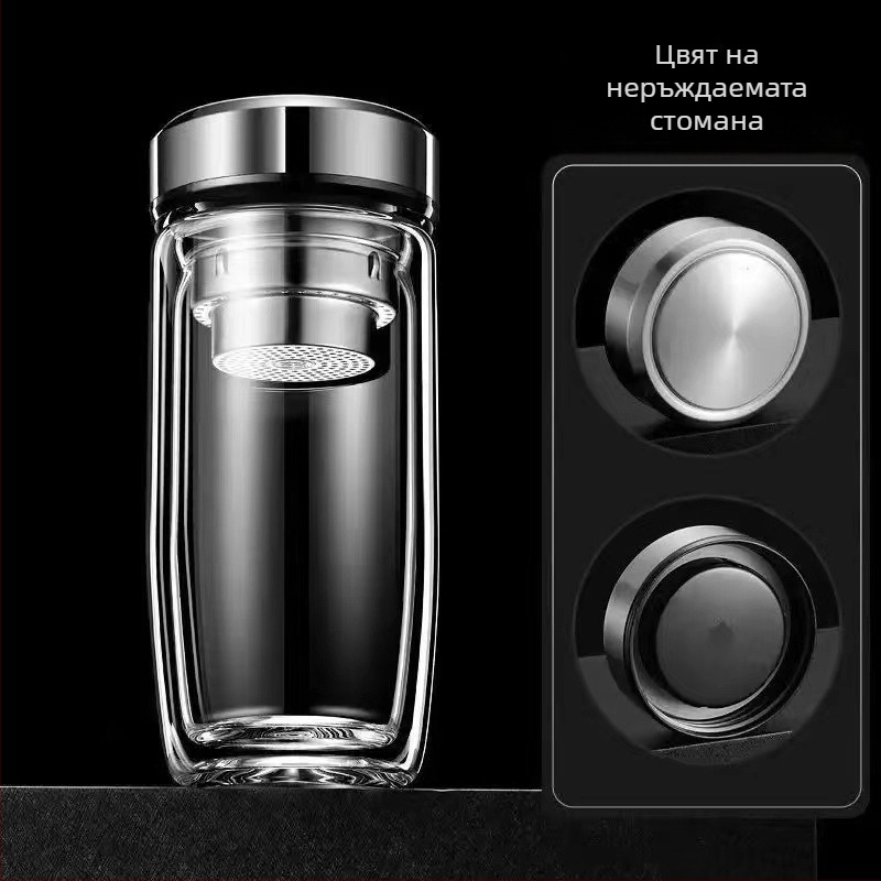 Чайна чаша с двуслойно стъкло, боросиликатно стъкло, топлоизолация и устойчивост на високи температури, включва филтър, модерен минималистичен дизайн
