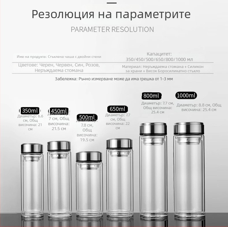 Двуслойна чаша за чай от боросиликатно стъкло с капак и филтър – против протичане, възможност за персонализирано лого, офисен подарък за мъже