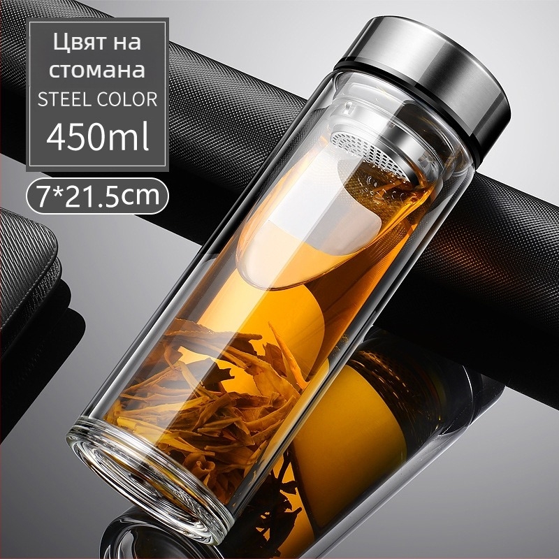 Двуслойна чаша за чай от боросиликатно стъкло с капак и филтър – против протичане, възможност за персонализирано лого, офисен подарък за мъже